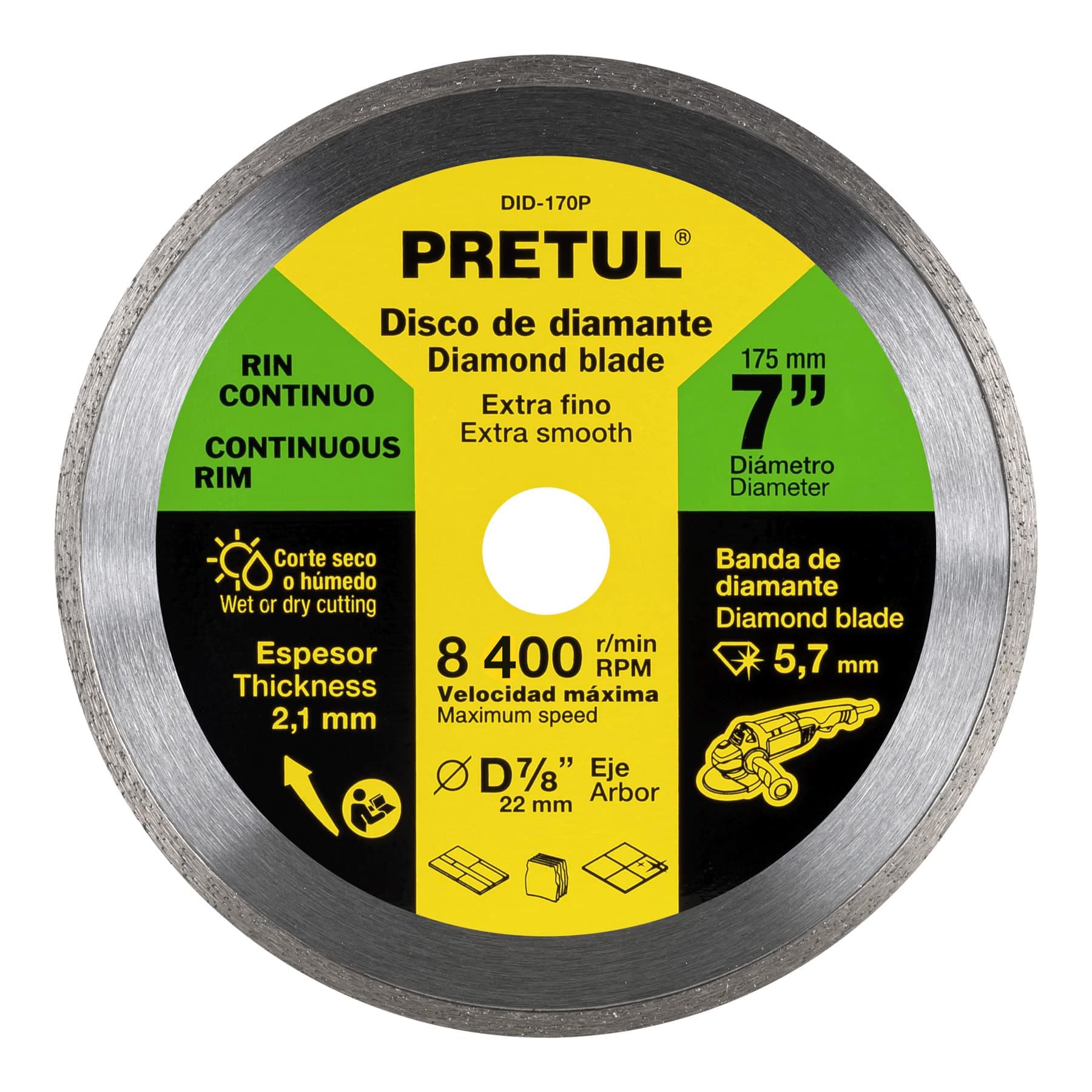 DISCO DE DIAMANTE DE 7' X 2.1 MM RIN CONTINUO, PRETUL